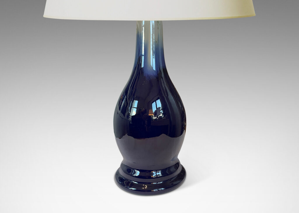 Gallery BAC notched pawn-like form with conical cap, glazed in mottled turquoise and azure tones with brown