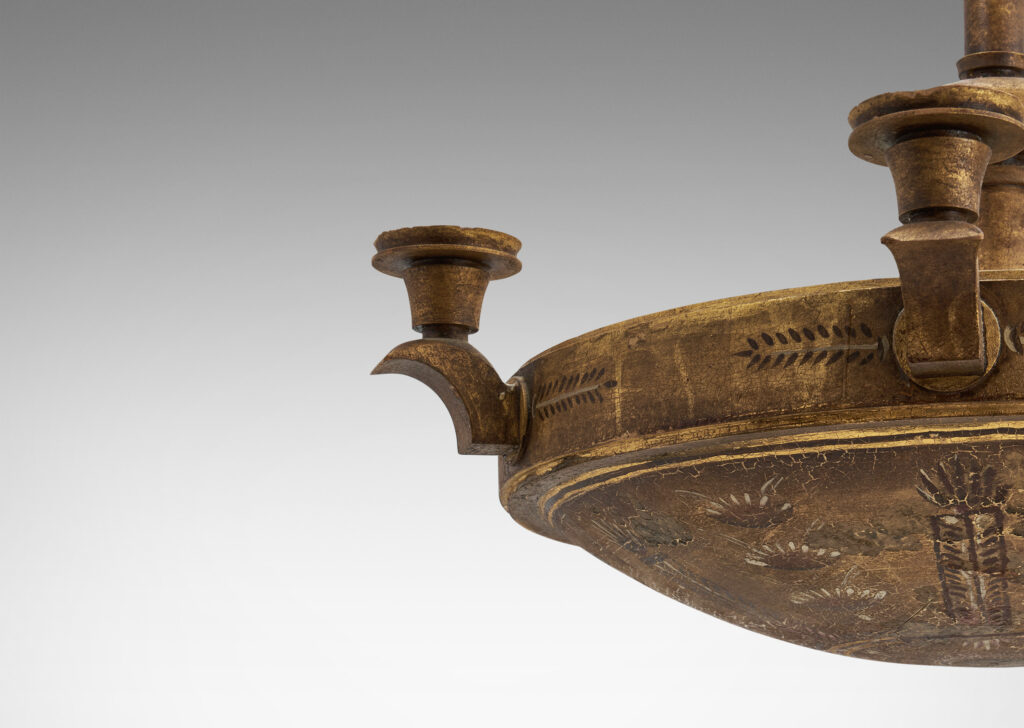 Gallery BAC round bowl reflector with six candleholder brackets, and stepped flared column, gilded and decorated with hand-painted laurel leaf patterns; wood