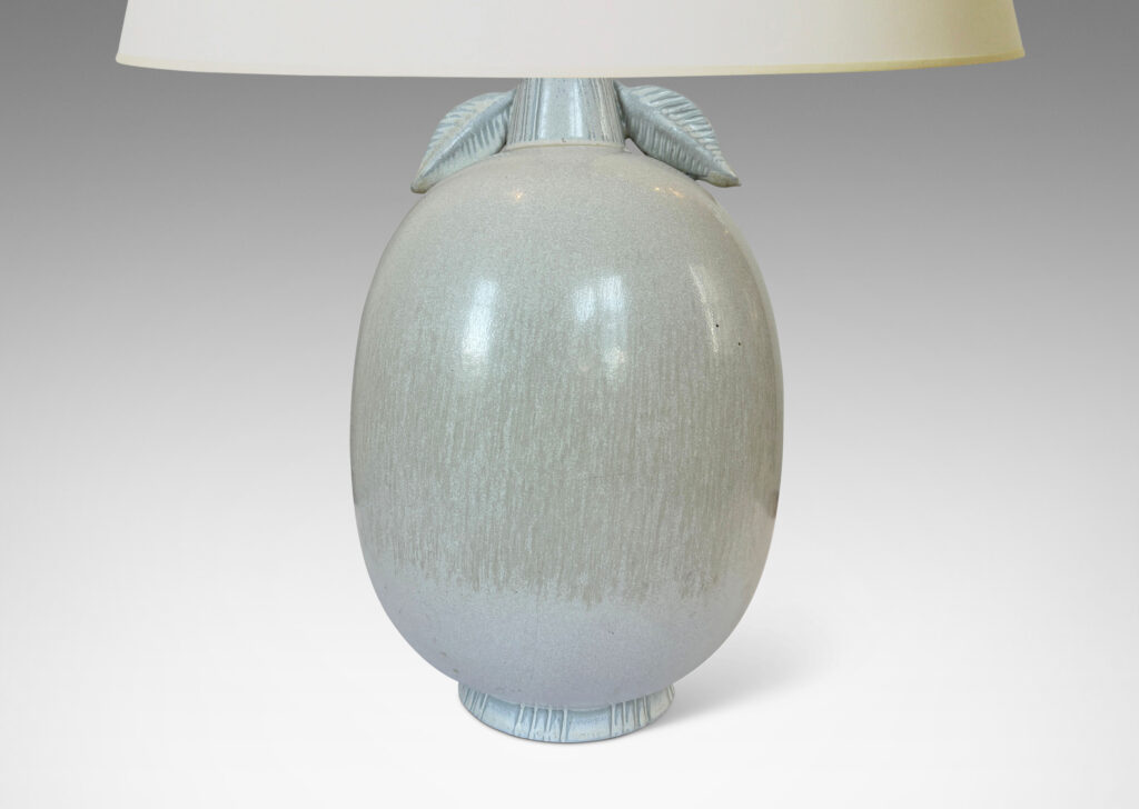 Gallery BAC ovoid form with stem-like neck with leaves in white and pale gray harefur glaze