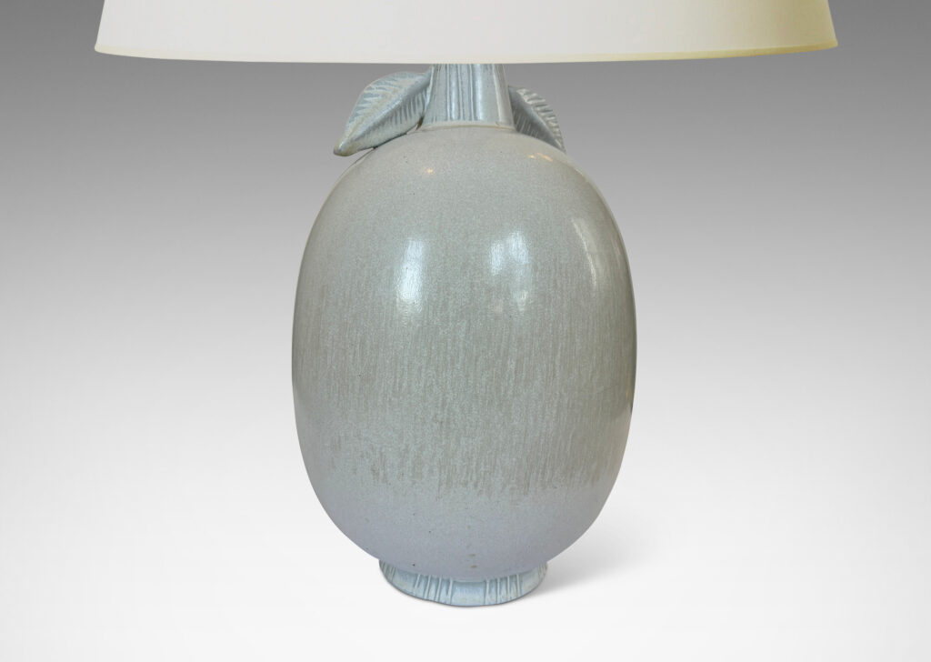 Gallery BAC ovoid form with stem-like neck with leaves in white and pale gray harefur glaze