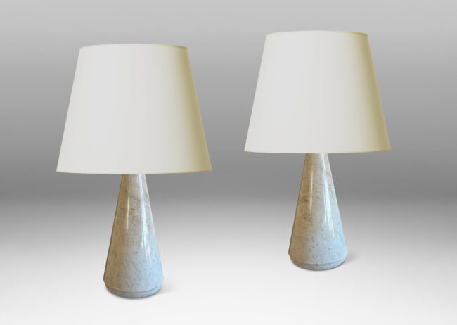 Gallery BAC polished conical forms in very pale gray with warm gray mottling, with velvet finish rounded reveal bottoms; lathed marble