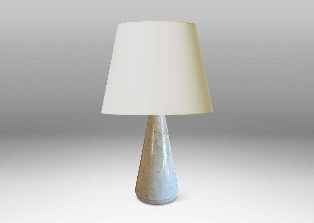 Gallery BAC polished conical forms in very pale gray with warm gray mottling, with velvet finish rounded reveal bottoms; lathed marble