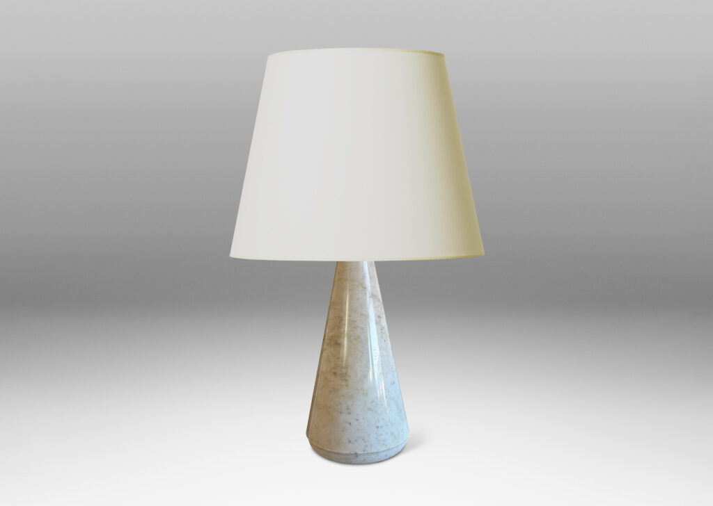 Gallery BAC polished conical forms in very pale gray with warm gray mottling, with velvet finish rounded reveal bottoms; lathed marble