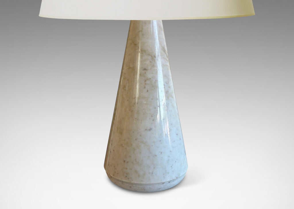 Gallery BAC polished conical forms in very pale gray with warm gray mottling, with velvet finish rounded reveal bottoms; lathed marble