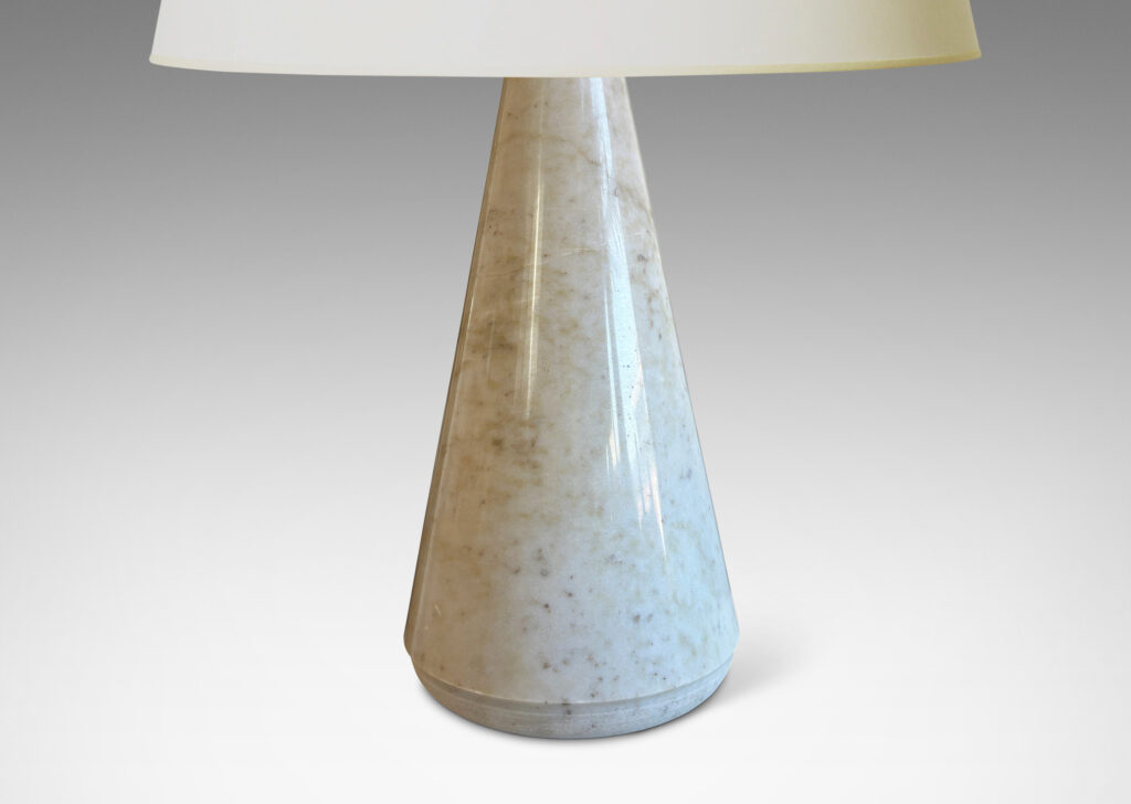 Gallery BAC polished conical forms in very pale gray with warm gray mottling, with velvet finish rounded reveal bottoms; lathed marble