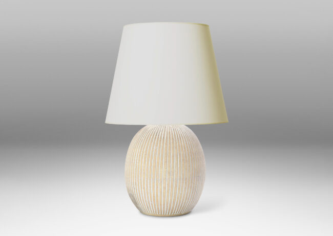 Gallery BAC light tan ovoid form with carved and white-glazed vertical pinstripes