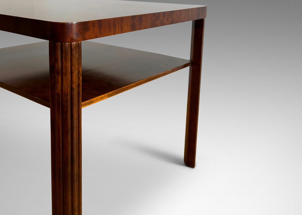 Gallery BAC square top and shelf supported by four reeded quarter round legs; stained birch