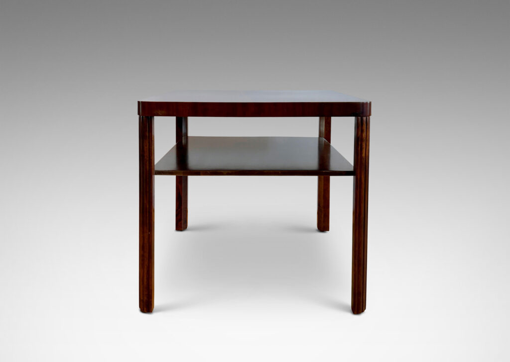 Gallery BAC square top and shelf supported by four reeded quarter round legs; stained birch