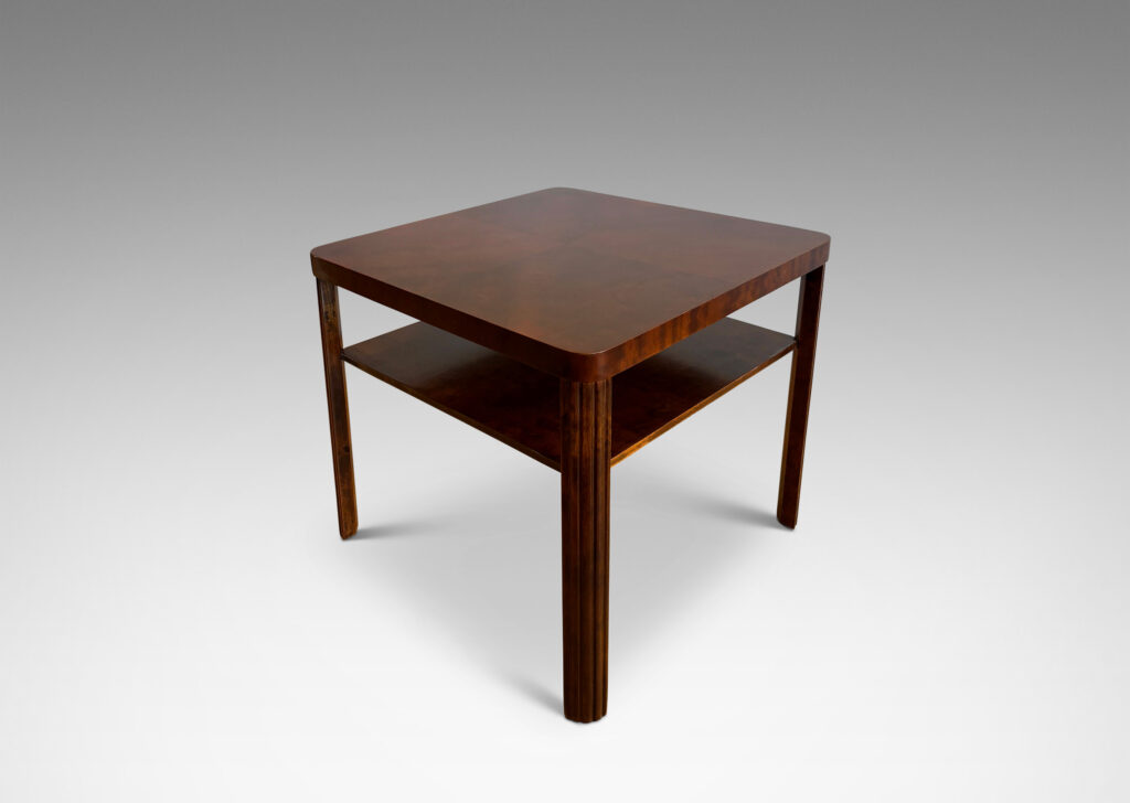 Gallery BAC square top and shelf supported by four reeded quarter round legs; stained birch