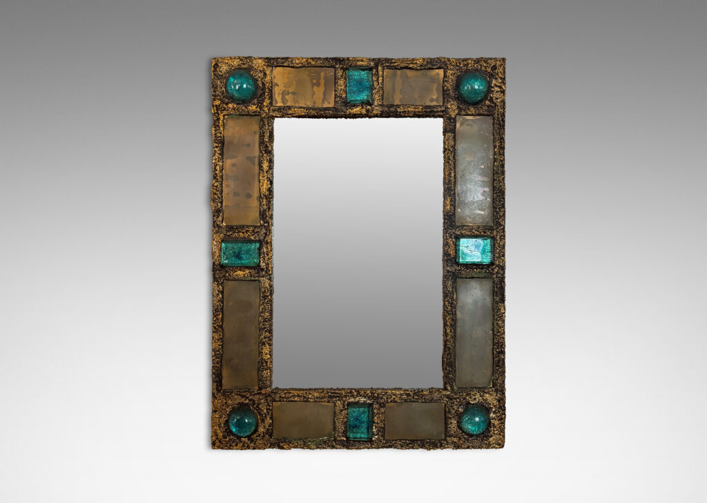 Gallery BAC rectangular frame with aqua tinted cabochon jewels set in textured metallic setting; resin, bronze, wood