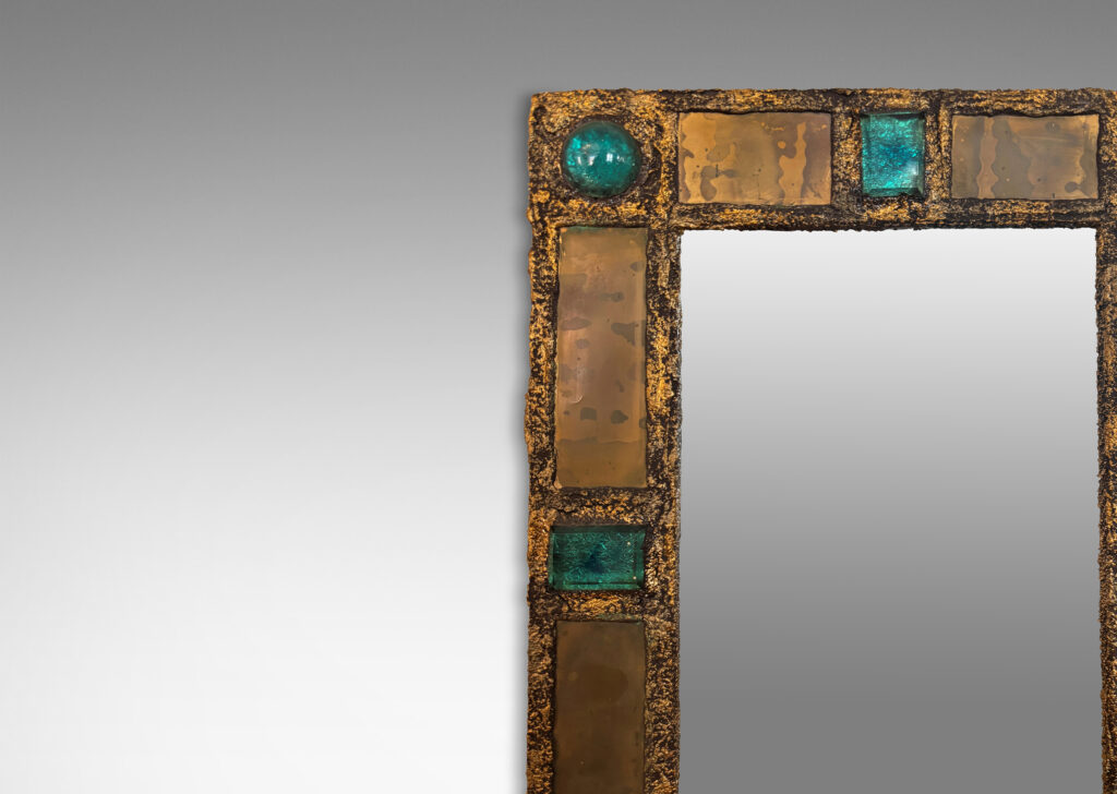 Gallery BAC rectangular frame with aqua tinted cabochon jewels set in textured metallic setting; resin, bronze, wood