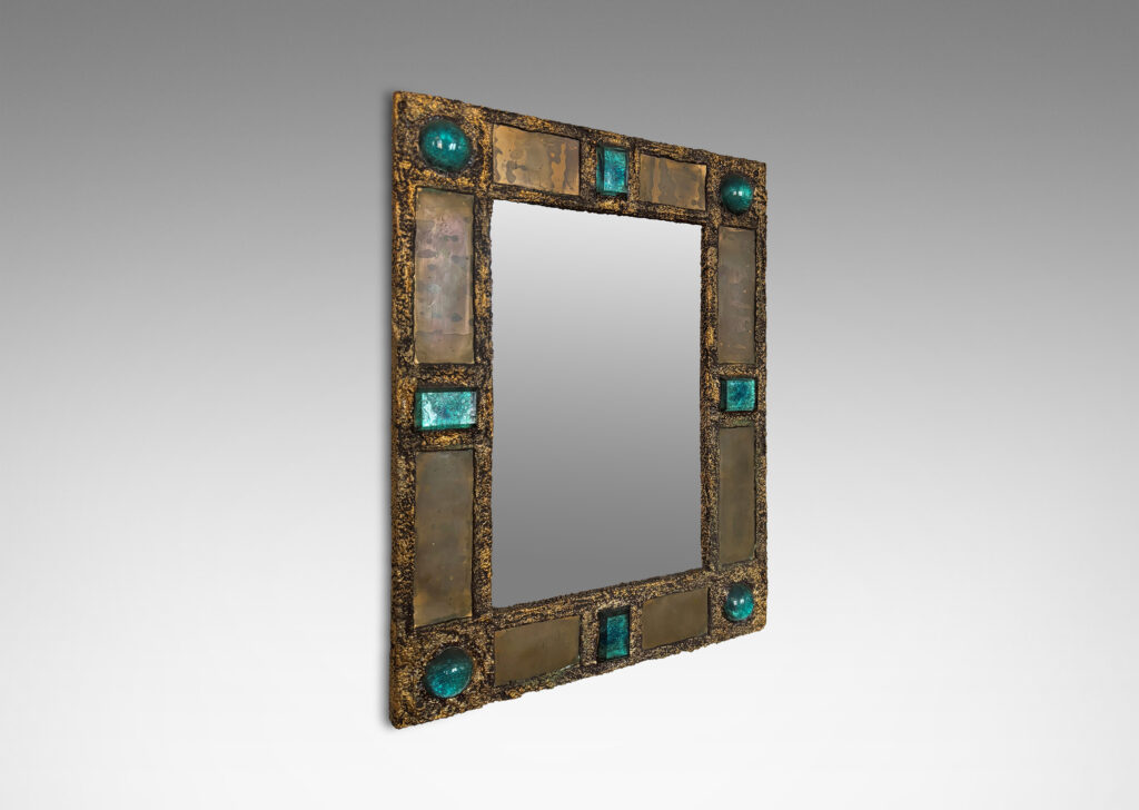 Gallery BAC rectangular frame with aqua tinted cabochon jewels set in textured metallic setting; resin, bronze, wood