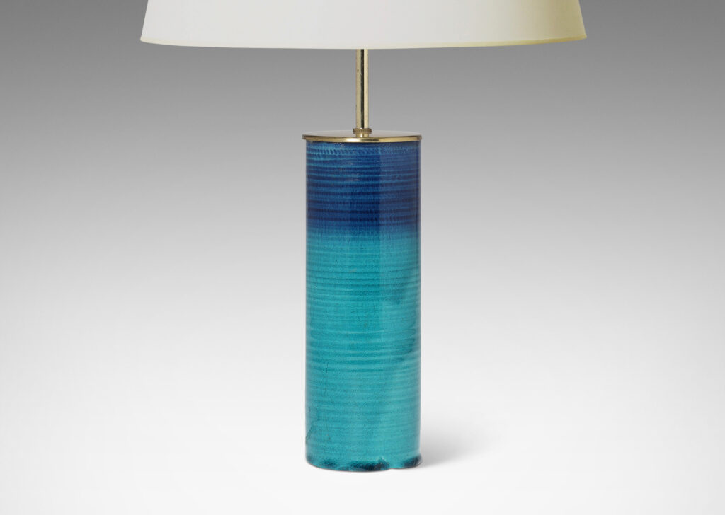 Gallery BAC ridged cylindrical form with blue-turquoise glaze; earthenware with brass mount