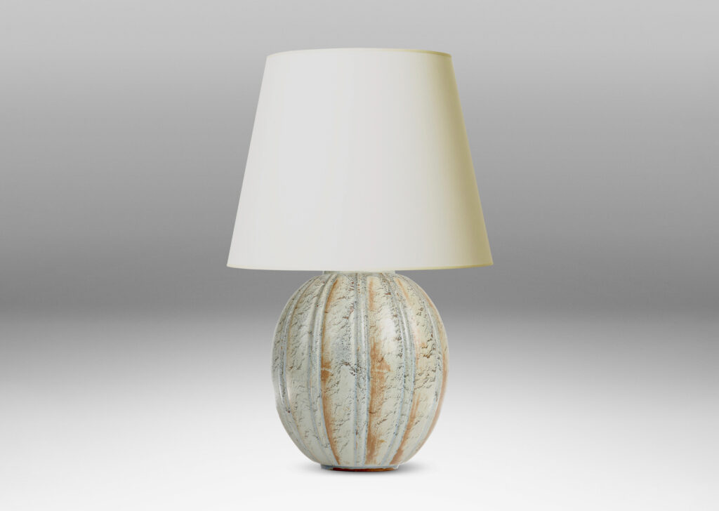 Gallery BAC vertically lobed ovoid form, glaze in a textured blue-gray with brown accents