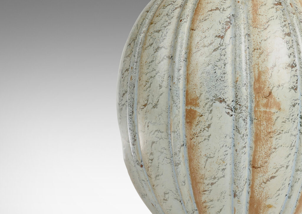 Gallery BAC vertically lobed ovoid form, glaze in a textured blue-gray with brown accents