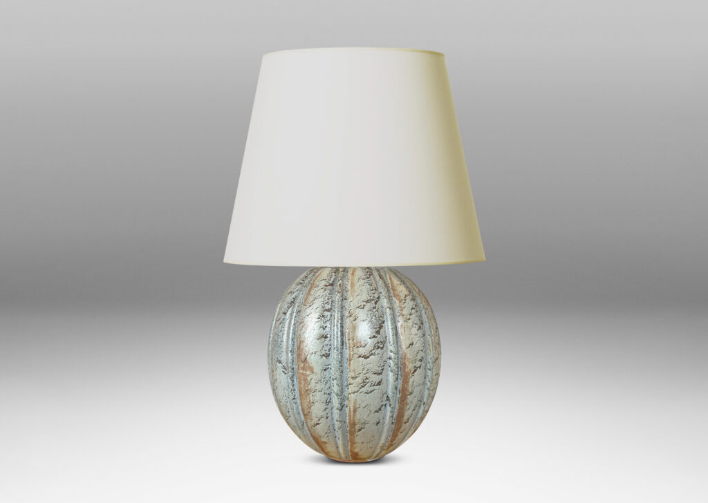 Gallery BAC vertically lobed ovoid form, glaze in a textured blue-gray with brown accents