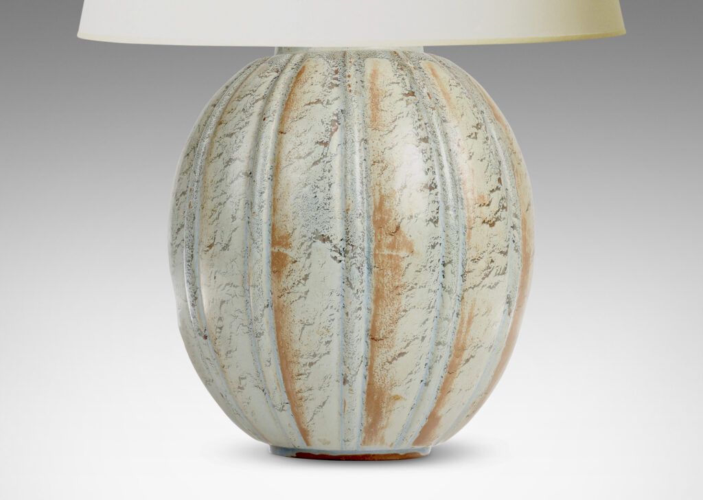 Gallery BAC vertically lobed ovoid form, glaze in a textured blue-gray with brown accents