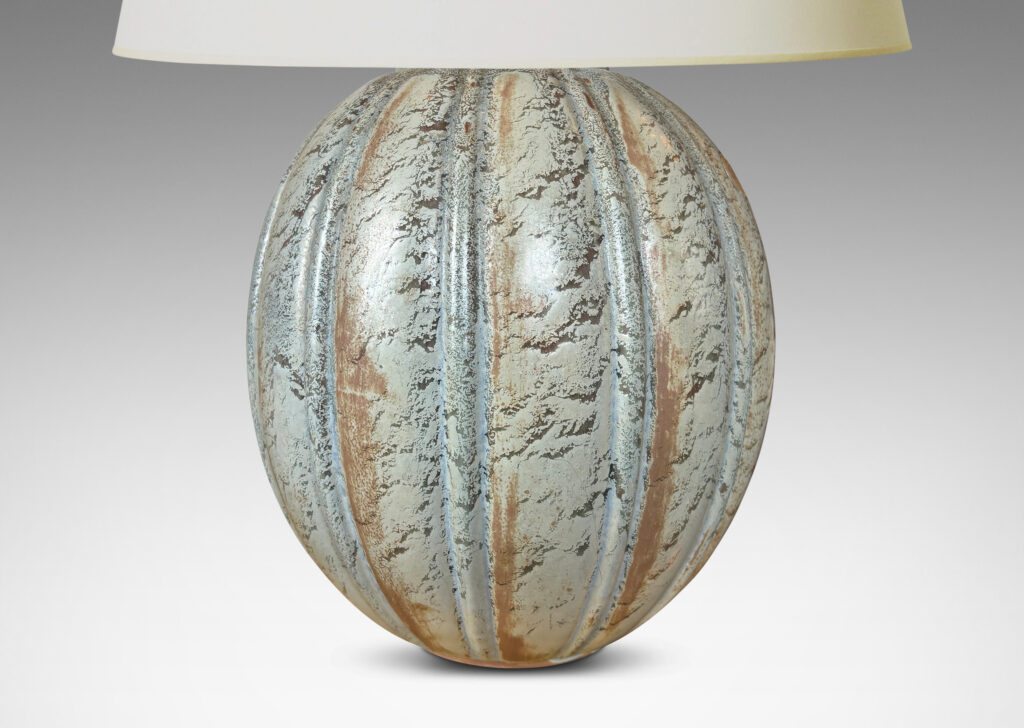 Gallery BAC vertically lobed ovoid form, glaze in a textured blue-gray with brown accents