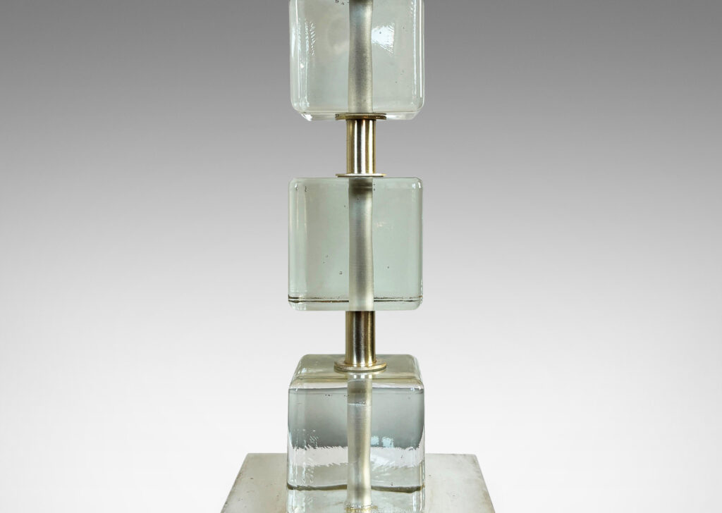 Gallery BAC square base and stand with suspended glass cubes; silvered brass and crystal