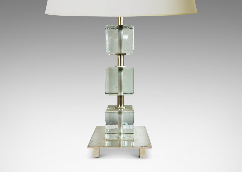 Gallery BAC square base and stand with suspended glass cubes; silvered brass and crystal