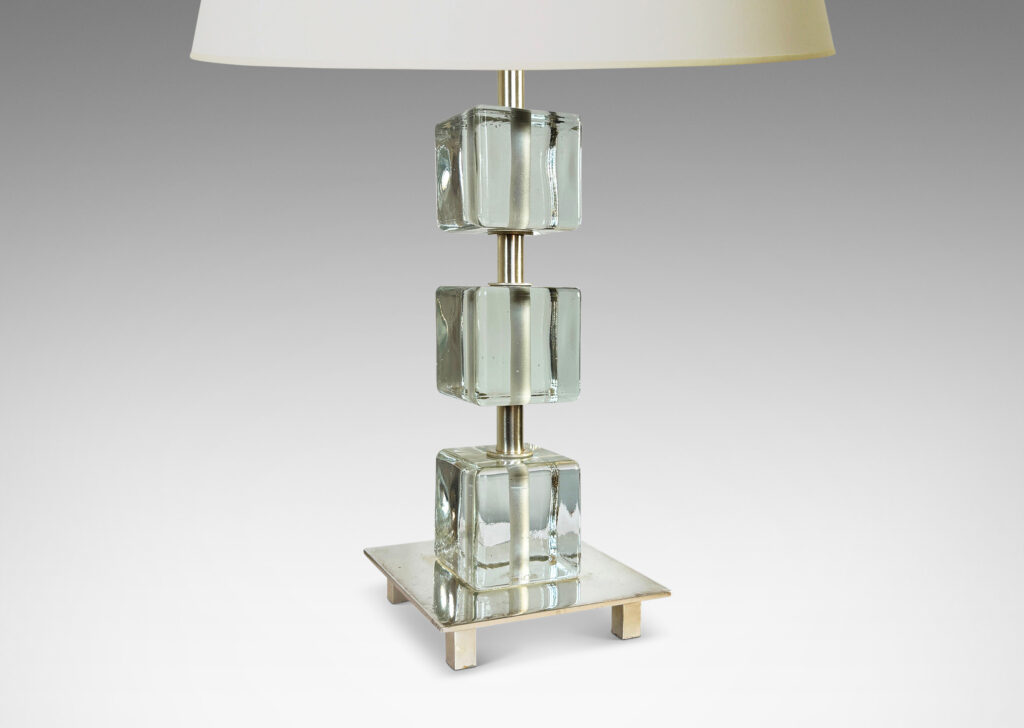 Gallery BAC square base and stand with suspended glass cubes; silvered brass and crystal