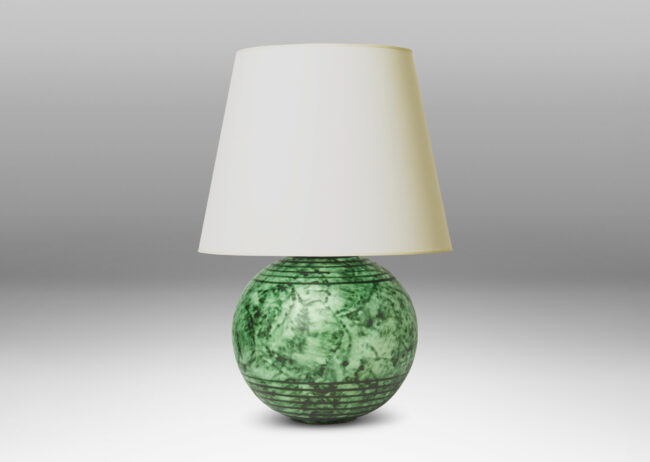 Gallery BAC globe form with carved pinstripe band details, glazed in a malachite-evoking rag rolled green glaze