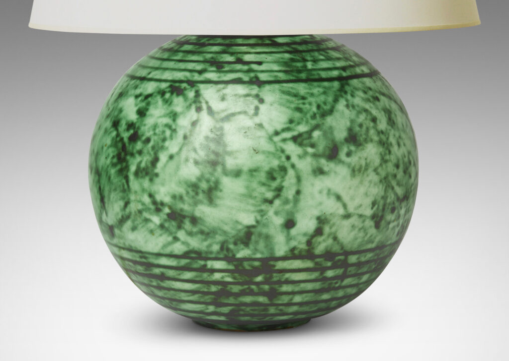 Gallery BAC globe form with carved pinstripe band details, glazed in a malachite-evoking rag rolled green glaze