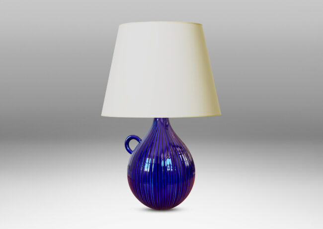 Gallery BAC reeded bulb form with handle glazed in a saturated blue