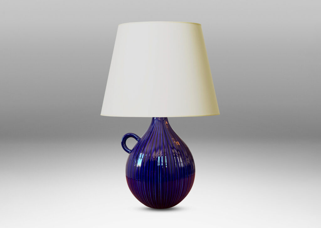 Gallery BAC reeded bulb form with handle glazed in a saturated blue