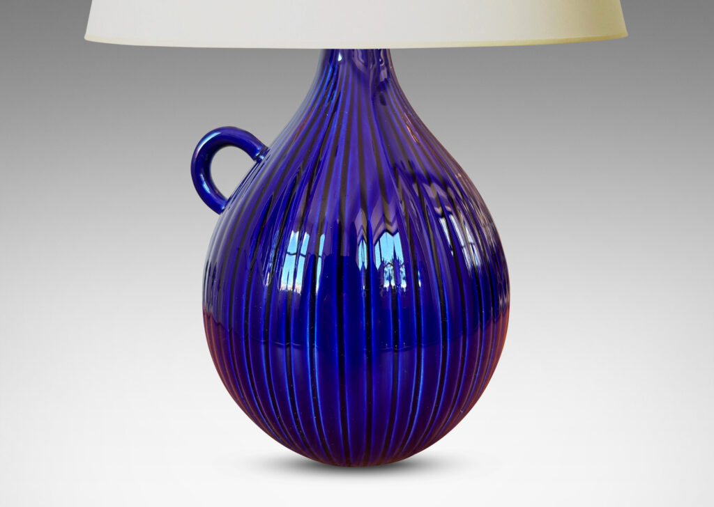 Gallery BAC reeded bulb form with handle glazed in a saturated blue