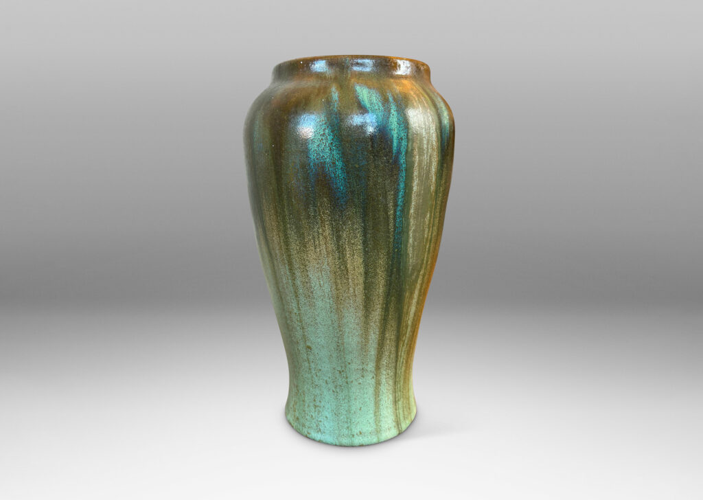 Gallery BAC sinuously modeled tapering form glazed in flowing olive, jungle and celadon green glazes