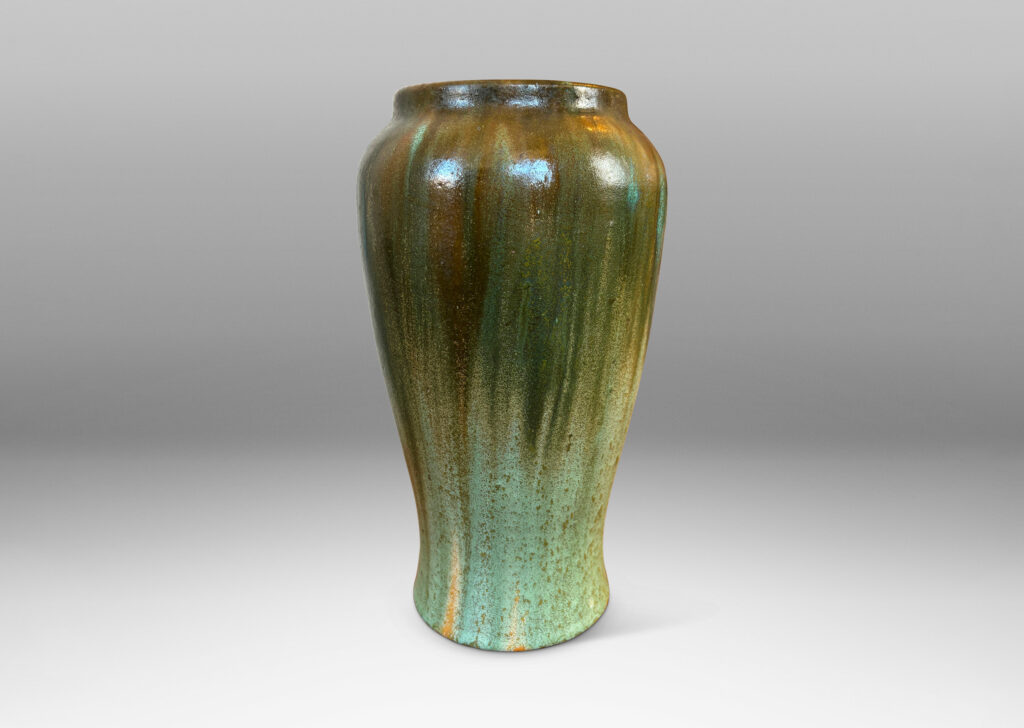 Gallery BAC sinuously modeled tapering form glazed in flowing olive, jungle and celadon green glazes