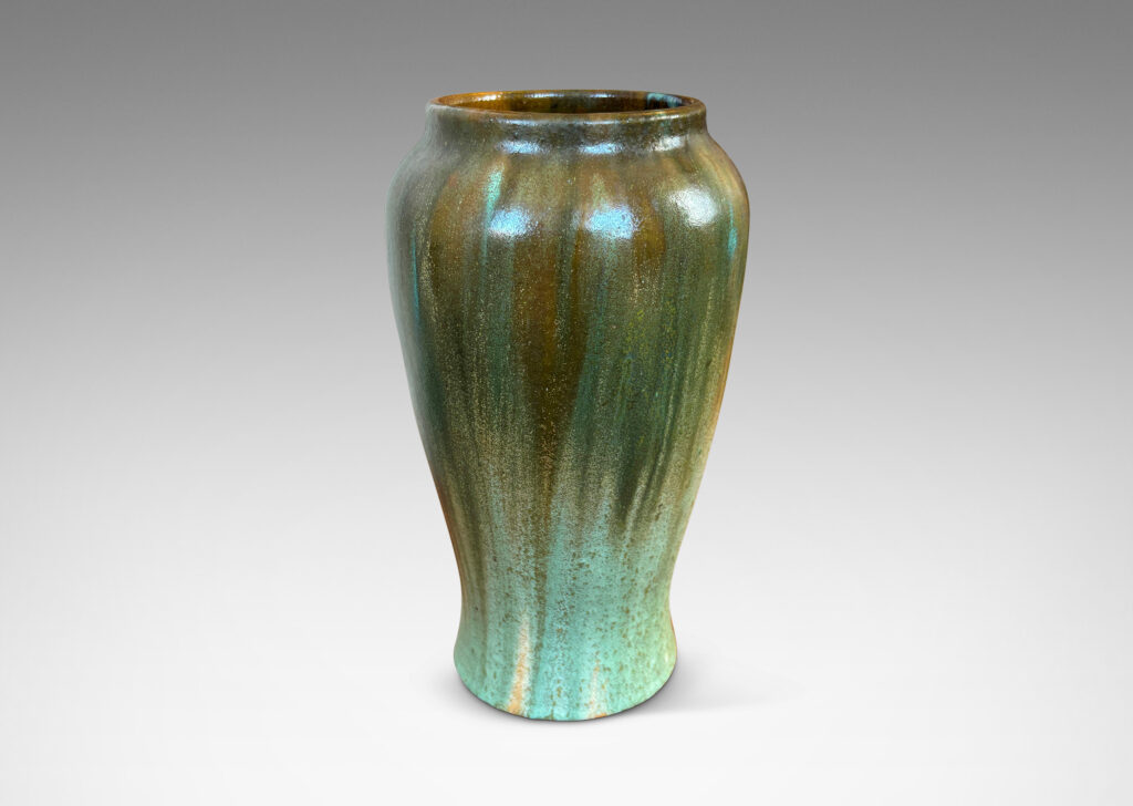 Gallery BAC sinuously modeled tapering form glazed in flowing olive, jungle and celadon green glazes