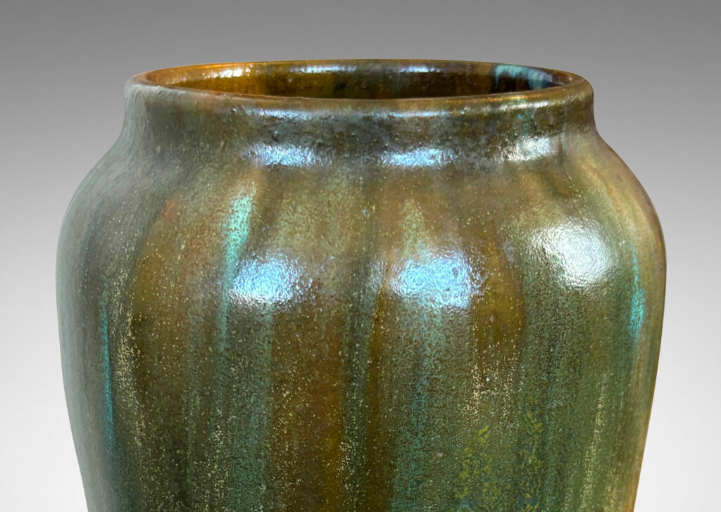 Gallery BAC sinuously modeled tapering form glazed in flowing olive, jungle and celadon green glazes