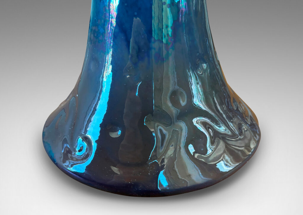 Gallery BAC downward flaring form with scrolling reliefs, finished in a moody warm gray luster and gray-blue glazing