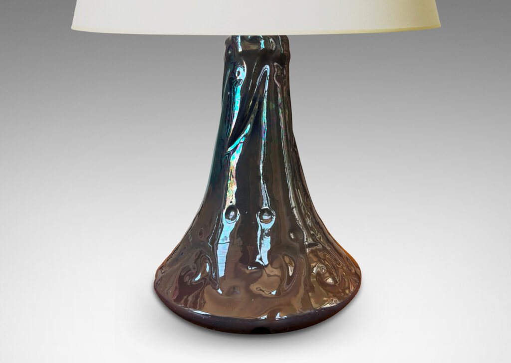 Gallery BAC downward flaring form with scrolling reliefs, finished in a moody warm gray luster and gray-blue glazing