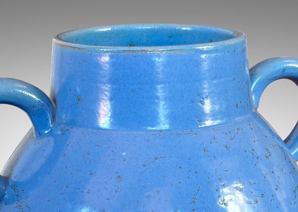 Gallery BAC tapered ovoid form with wide mouth and arc handles, glazed in a light cornflower blue