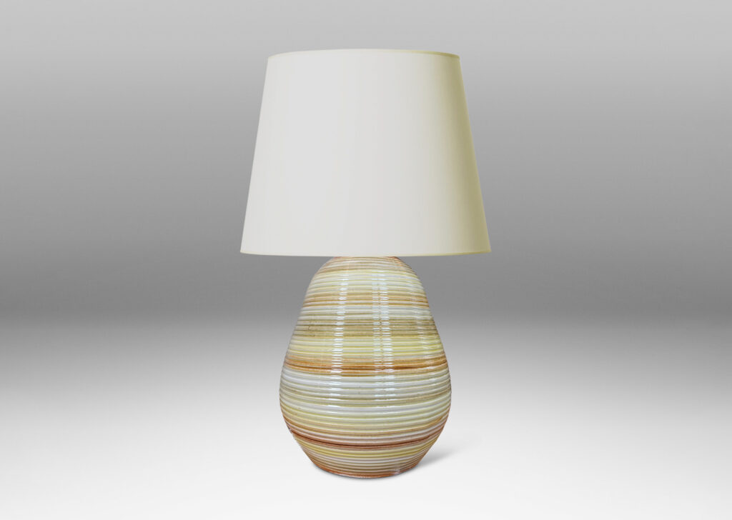 Gallery BAC ovoid form with horizontal pinstripe grooves, glazed in bands of pale yellow, mustard, and light brown