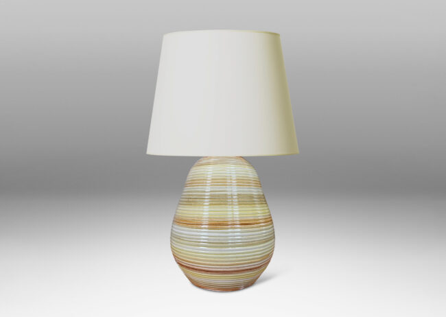 Gallery BAC ovoid form with horizontal pinstripe grooves, glazed in bands of pale yellow, mustard, and light brown