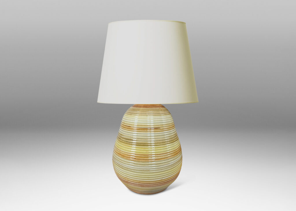 Gallery BAC ovoid form with horizontal pinstripe grooves, glazed in bands of pale yellow, mustard, and light brown
