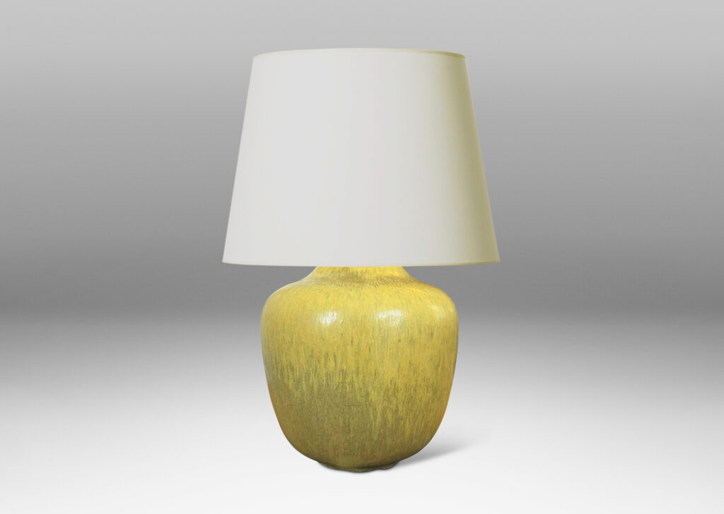 Gallery BAC organically modeled tapered form, glazed in yellow with harefur gray texture