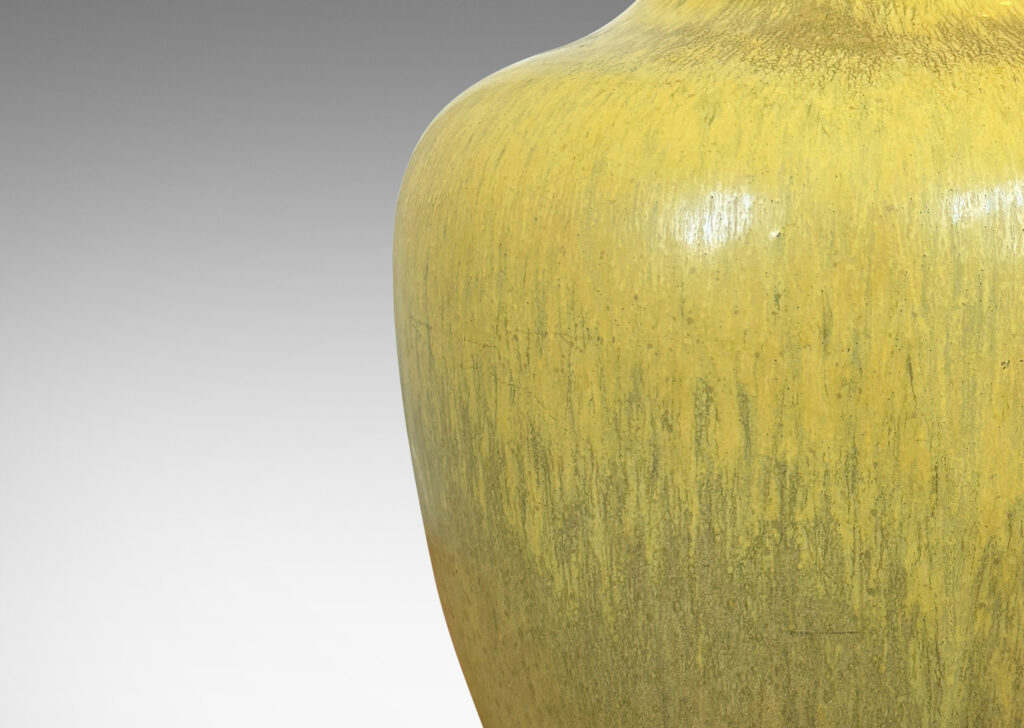 Gallery BAC organically modeled tapered form, glazed in yellow with harefur gray texture