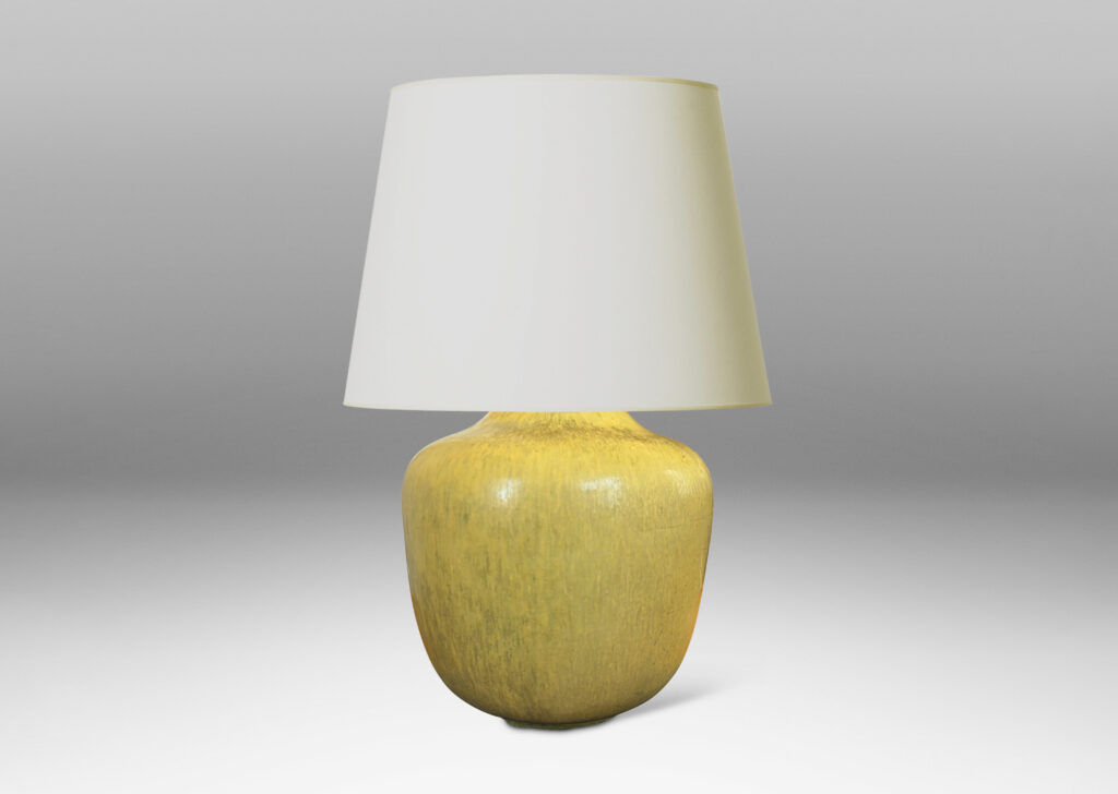 Gallery BAC organically modeled tapered form, glazed in yellow with harefur gray texture