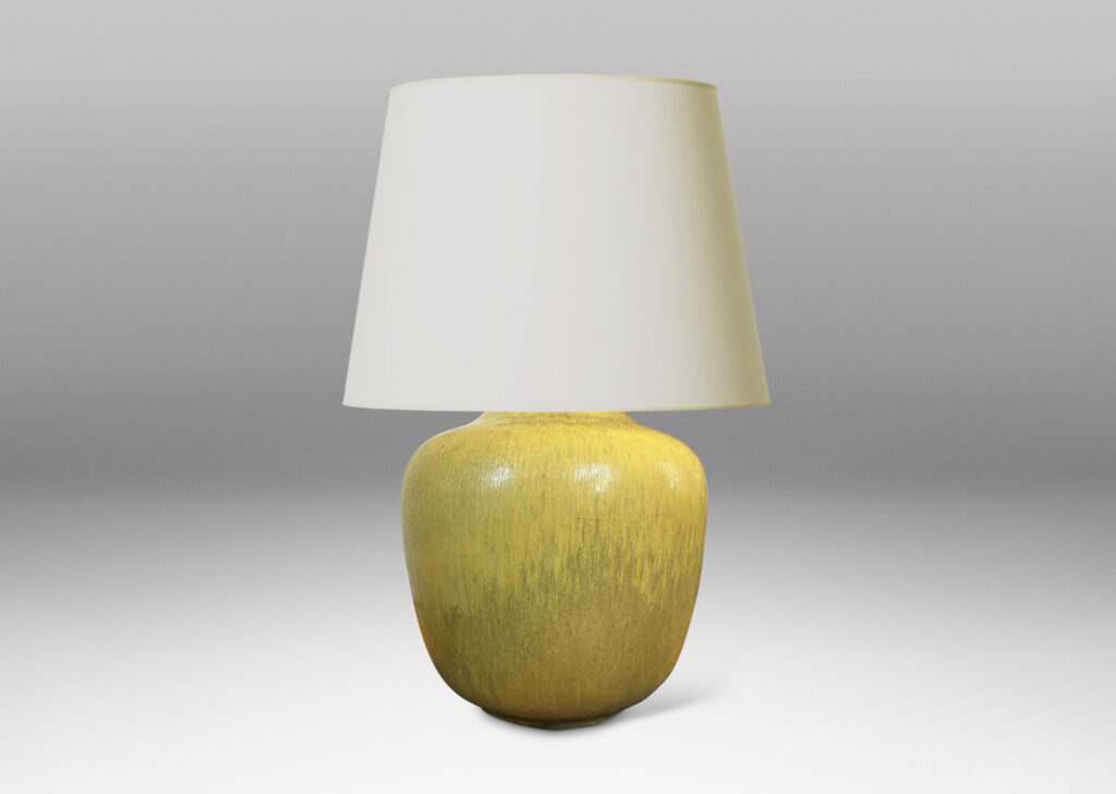 Gallery BAC organically modeled tapered form, glazed in yellow with harefur gray texture