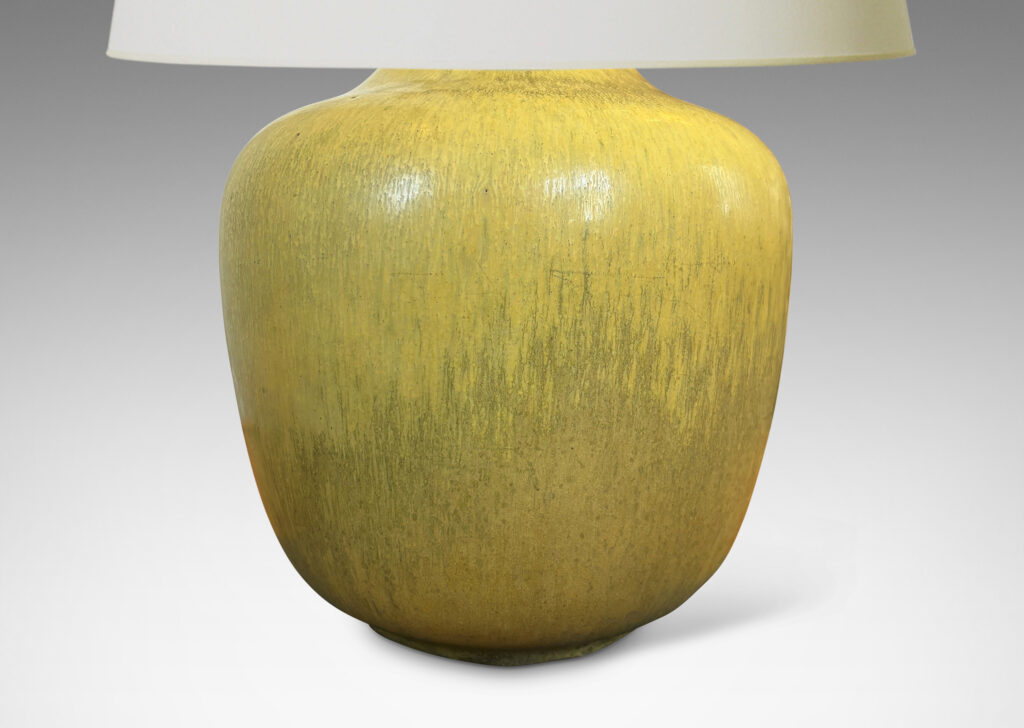 Gallery BAC organically modeled tapered form, glazed in yellow with harefur gray texture