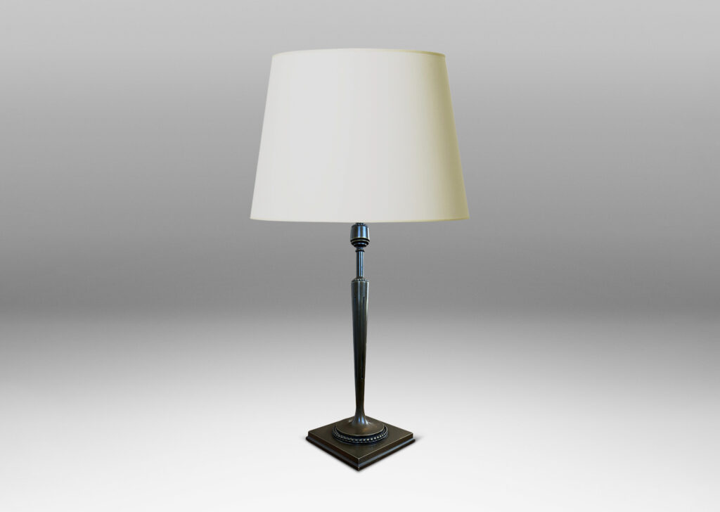 Gallery BAC torch form with tapered and fluted stand, mitered square base, and rings of beading; patinated bronze