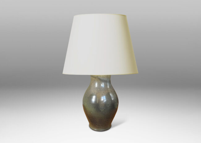 Gallery BAC swelling form in a moody green-gray glaze, with a bespoke tiered mount and harp; stoneware and bronze
