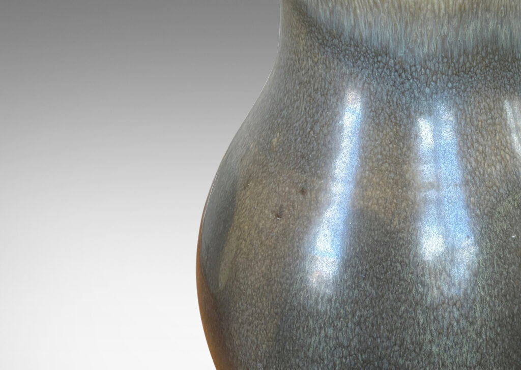 Gallery BAC swelling form in a moody green-gray glaze, with a bespoke tiered mount and harp; stoneware and bronze