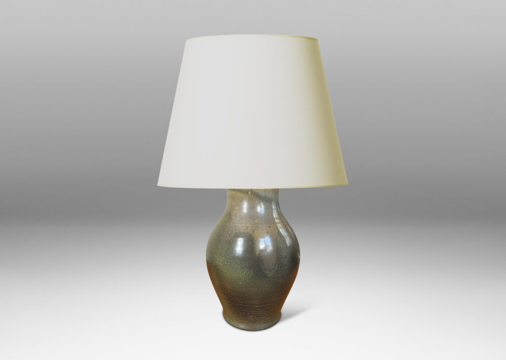 Gallery BAC swelling form in a moody green-gray glaze, with a bespoke tiered mount and harp; stoneware and bronze