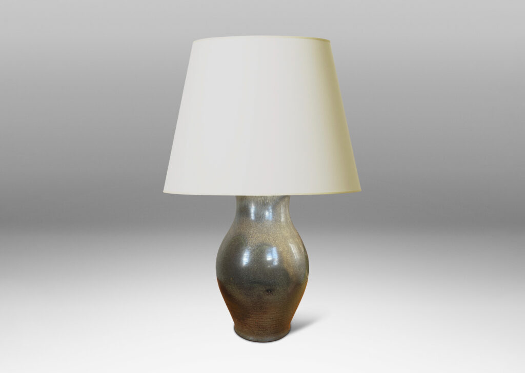 Gallery BAC swelling form in a moody green-gray glaze, with a bespoke tiered mount and harp; stoneware and bronze